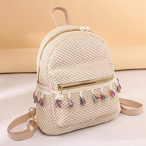 Lightweight Straw Crochet Backpack Hollow Out Drawstring Shoulders Bag for Women (B-Light Khaki, one size)