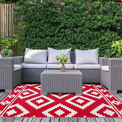 PLAYA RUG Reversible Indoor/Outdoor 100% Recycled Plastic Floor Mat/Rug - Weather, Water, Stain, Fade and UV Resistant - Milan- Red & White (8'x10')