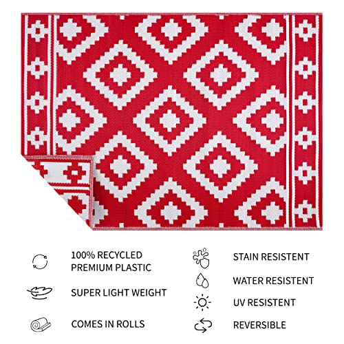 PLAYA RUG Reversible Indoor/Outdoor 100% Recycled Plastic Floor Mat/Rug - Weather, Water, Stain, Fade and UV Resistant - Milan- Red & White (8'x10')