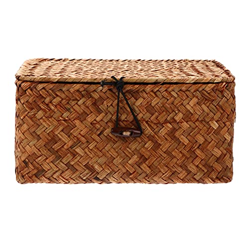 Seagrass Woven Storage Box Wicker Basket Storage Bins with Lid Laundry Rattan Organizer Box Home Desktop Makeup Organizer for Shelf