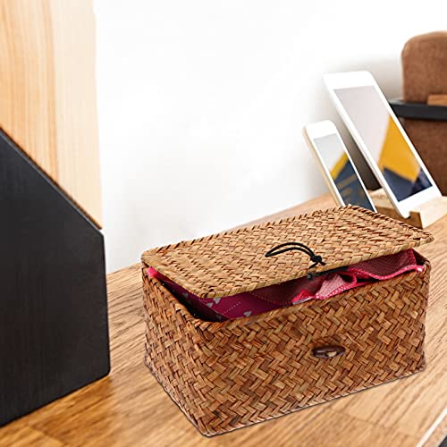 Seagrass Woven Storage Box Wicker Basket Storage Bins with Lid Laundry Rattan Organizer Box Home Desktop Makeup Organizer for Shelf