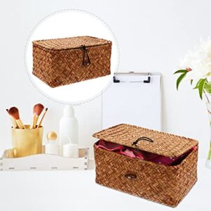 Seagrass Woven Storage Box Wicker Basket Storage Bins with Lid Laundry Rattan Organizer Box Home Desktop Makeup Organizer for Shelf