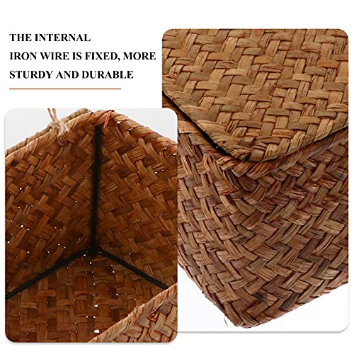 Seagrass Woven Storage Box Wicker Basket Storage Bins with Lid Laundry Rattan Organizer Box Home Desktop Makeup Organizer for Shelf