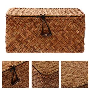 Seagrass Woven Storage Box Wicker Basket Storage Bins with Lid Laundry Rattan Organizer Box Home Desktop Makeup Organizer for Shelf