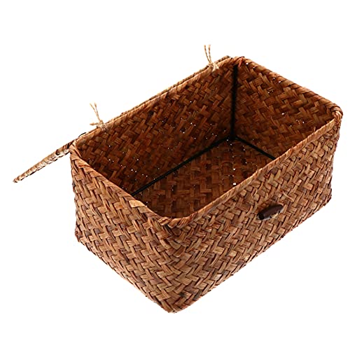 Seagrass Woven Storage Box Wicker Basket Storage Bins with Lid Laundry Rattan Organizer Box Home Desktop Makeup Organizer for Shelf