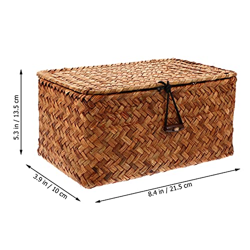 Seagrass Woven Storage Box Wicker Basket Storage Bins with Lid Laundry Rattan Organizer Box Home Desktop Makeup Organizer for Shelf