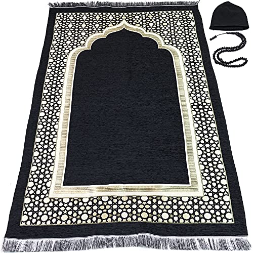 Modefa Turkish Islamic Prayer Mat - Thin Woven Chenille Praying Rug Carpet for Men and Women - Traditional Muslim Janamaz Sajada - Ramadan or Eid Gift - with Kufi Cap & Beads - Selcuk Star (Black)