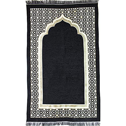 Modefa Turkish Islamic Prayer Mat - Thin Woven Chenille Praying Rug Carpet for Men and Women - Traditional Muslim Janamaz Sajada - Ramadan or Eid Gift - with Kufi Cap & Beads - Selcuk Star (Black)