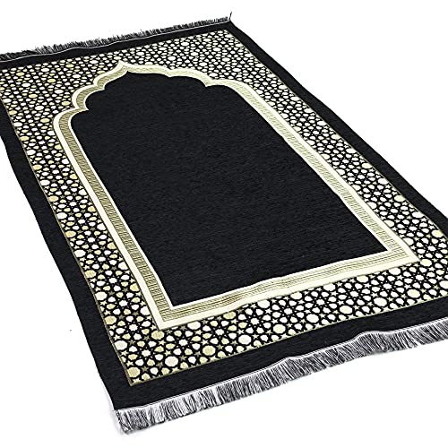 Modefa Turkish Islamic Prayer Mat - Thin Woven Chenille Praying Rug Carpet for Men and Women - Traditional Muslim Janamaz Sajada - Ramadan or Eid Gift - with Kufi Cap & Beads - Selcuk Star (Black)