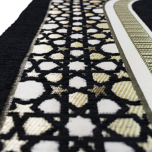 Modefa Turkish Islamic Prayer Mat - Thin Woven Chenille Praying Rug Carpet for Men and Women - Traditional Muslim Janamaz Sajada - Ramadan or Eid Gift - with Kufi Cap & Beads - Selcuk Star (Black)