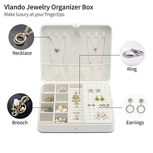Vlando Travel Jewelry Case for Women - Portable Leather Jewelry Organizer Box for Necklace Earrings Ring Bracelet - Gifts for Teen, Girls, Moms and Daughters - White