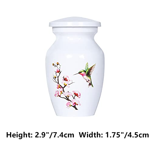 ICOKEE Hummingbird Small Urn for Human Ashes or Pet Ashes - Aluminum Cremation Mini Urn for Ashes - White Memorial Keepsake Urn - Qty 1- with Velvet Bag