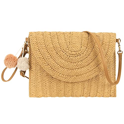 Straw Shoulder Bag Straw Clutch Straw Crossbody Bag Handmade Straw Beach Bag for Women Envelope Purse Wallet with Hand-woven Pompom (Light Brown)