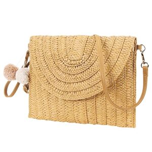 Straw Shoulder Bag Straw Clutch Straw Crossbody Bag Handmade Straw Beach Bag for Women Envelope Purse Wallet with Hand-woven Pompom (Light Brown)