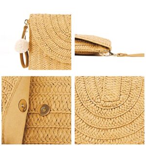 Straw Shoulder Bag Straw Clutch Straw Crossbody Bag Handmade Straw Beach Bag for Women Envelope Purse Wallet with Hand-woven Pompom (Light Brown)