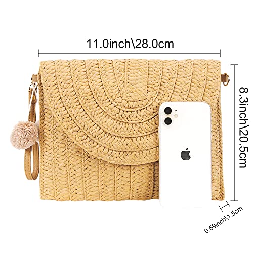 Straw Shoulder Bag Straw Clutch Straw Crossbody Bag Handmade Straw Beach Bag for Women Envelope Purse Wallet with Hand-woven Pompom (Light Brown)