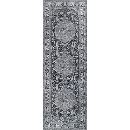 SUPERIOR Traditional Medallion and Nature Flat-Weave Indoor Runner Rug, 2' 6" x 7' 6", Charcoal