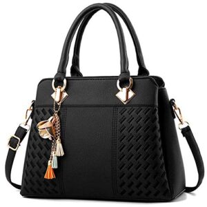 smallbluer top-handle handbags purse tote for women soft pu leather crossbody shoulder bag with tassel pendant-black