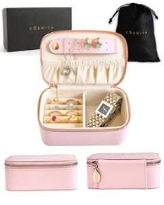 cosmiya vegan leather small jewelry travel case – jewelry travel organizer | mini jewelry box | honeymoon travel essentials | accessory organizer | earring necklace watch ring holder | travel gift