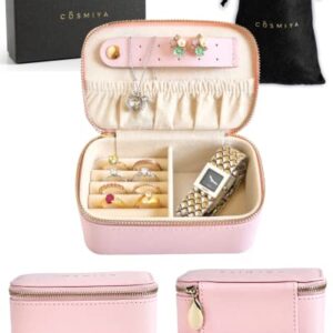 COSMIYA Vegan Leather Small Jewelry Travel Case - Jewelry Travel Organizer | Mini Jewelry Box | Honeymoon Travel Essentials | Accessory Organizer | Earring Necklace Watch Ring Holder | Travel Gift