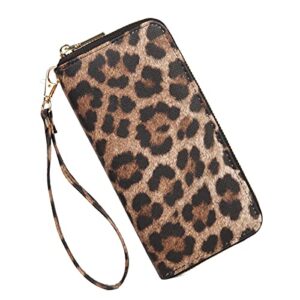 fanwill leopard print wallet for women ladies cheetah wrist purse zip around card holder (brown)