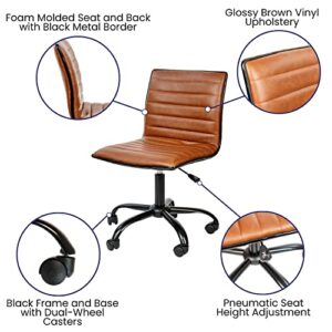 Flash Furniture Office Task Chair - Brown Vinyl - Black Frame - Armless - Ribbed Back and Seat - Low Back Design