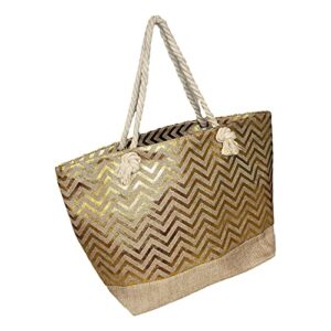 large women metallic print tote beach bag with zipper top – silver or gold – chevron or stripe pattern – can be personalized with initial, monogram or name (gold chevron)