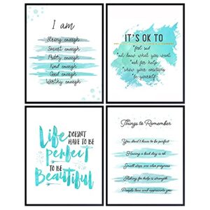 Light Blue Inspiring Positive Affirmations Quotes Wall Decor - Inspirational Art Posters 8x10 - Encouraging Self Improvement Motivational Sayings - Uplifting Encouragement Gifts for Empowered Women