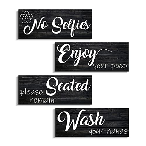 Bathroom Rules Wall Decor 4 Panels Funny Quote Wood Wall Sign Rustic Farmhouse Vintage Print Wooden Plaque Toilet Decorative Ready to Hang (10"x4" x 4, B)