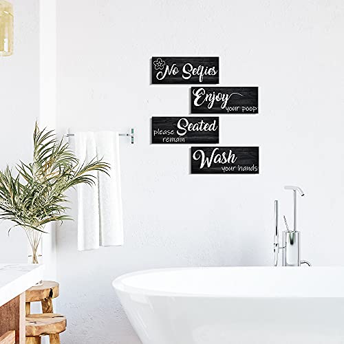 Bathroom Rules Wall Decor 4 Panels Funny Quote Wood Wall Sign Rustic Farmhouse Vintage Print Wooden Plaque Toilet Decorative Ready to Hang (10"x4" x 4, B)