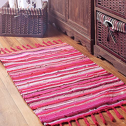 Poowe Cotton Handmade Reversible Chindi Rag Rugs,Multi Color Hand Woven Striped Area Bath Rug Mat Carpet with Tassels Machine Washable,for Laundry Room Kitchen Livingroom Hallway Entryway 20" x 31.5"