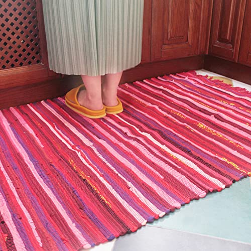 Poowe Cotton Handmade Reversible Chindi Rag Rugs,Multi Color Hand Woven Striped Area Bath Rug Mat Carpet with Tassels Machine Washable,for Laundry Room Kitchen Livingroom Hallway Entryway 20" x 31.5"