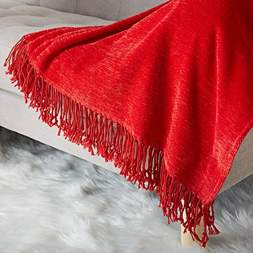 CAROMIO Christmas Red Throw Blanket for Couch, Soft Chenille Throw Blankets with Decoration Tassel, Velvety Texture Knitted Throw for Home Couch Sofa Chair Bed (Christmas Red, 50 x 60 Inches)