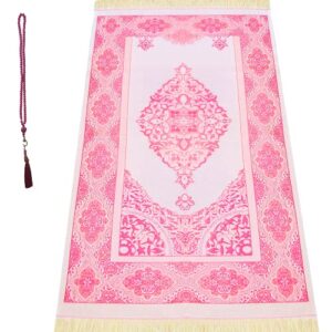 prayeristan muslim prayer rug – prayer mat with gift prayer beads – ramadan and islamic gifts – portable prayer mat for men and women – travel prayer mat -turkish design muslim prayer rug (pink)