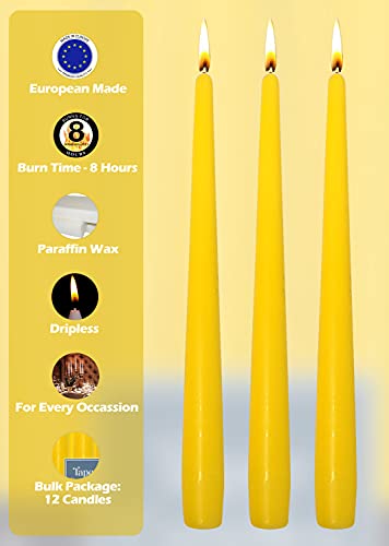 Hyoola Tall Taper Candles - 10 Inch Yellow Unscented Dripless Taper Candles - 8 Hour Burn Time - 12 Pack