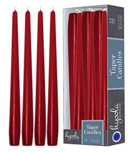 hyoola tall taper candles – 10 inch cherry red unscented dripless taper candles – 8 hour burn time – 12 pack