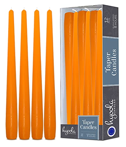 Hyoola Tall Taper Candles - 10 Inch Orange Unscented Dripless Taper Candles - 8 Hour Burn Time - 12 Pack