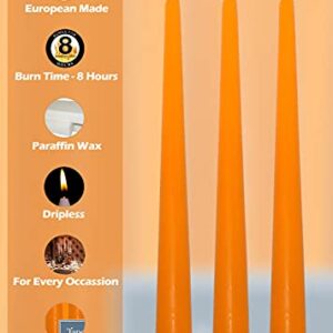 Hyoola Tall Taper Candles - 10 Inch Orange Unscented Dripless Taper Candles - 8 Hour Burn Time - 12 Pack