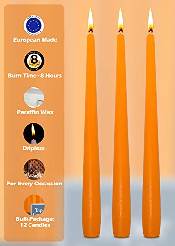 Hyoola Tall Taper Candles - 10 Inch Orange Unscented Dripless Taper Candles - 8 Hour Burn Time - 12 Pack