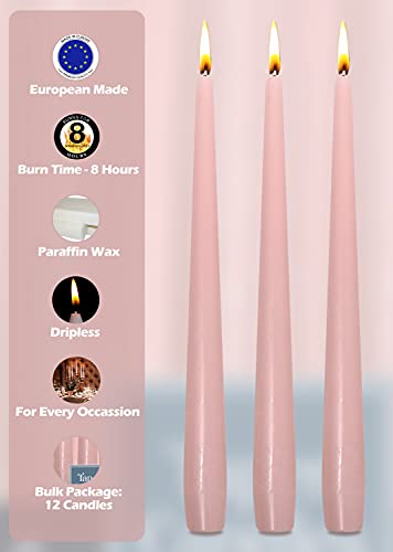 Hyoola Tall Taper Candles - 10 Inch Light Pink Unscented Dripless Taper Candles - 8 Hour Burn Time - 12 Pack