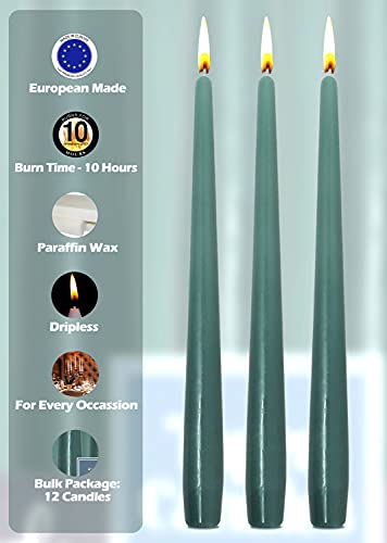 Hyoola Tall Taper Candles - 12 Inch Sage Green Unscented Dripless Taper Candles - 10 Hour Burn Time - 12 Pack