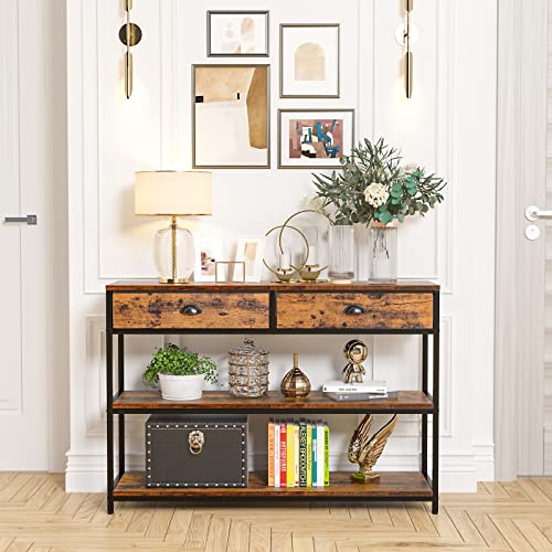 Furologee Console Table with 2 Drawers, Industrial Sofa Table, Entryway Table with 3-Tier Storage Shelves, Narrow Accent Table Metal Frame for Living Room/Entryway/Hallway, Rustic Brown