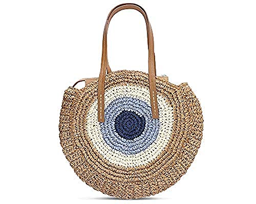 Straw Bag Round Woven Zippered Shoulder Bag Crossbody Bags Handwoven Handbags Evil Eye-khaki