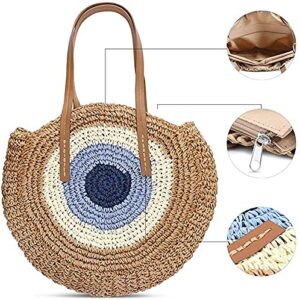 Straw Bag Round Woven Zippered Shoulder Bag Crossbody Bags Handwoven Handbags Evil Eye-khaki