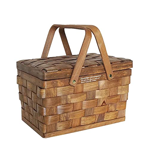 Picnic Basket with Folding Handles, Wooden Hamper Wedding Bread Display Picnic Basket Prop with Lid (Coffee)