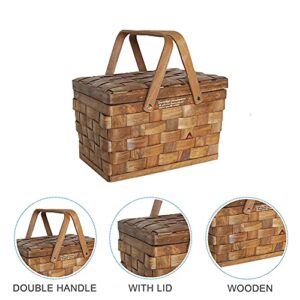 Picnic Basket with Folding Handles, Wooden Hamper Wedding Bread Display Picnic Basket Prop with Lid (Coffee)