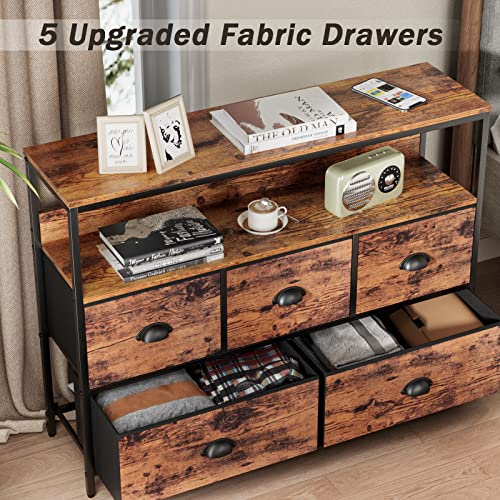 Furologee Console Sofa Table, TV Stand Console Table with Shelves, Dresser with 5 Fabric Drawers Closet Storage Organizer for Bedroom/Living Room/Entryway/Hallway, Rustic Brown