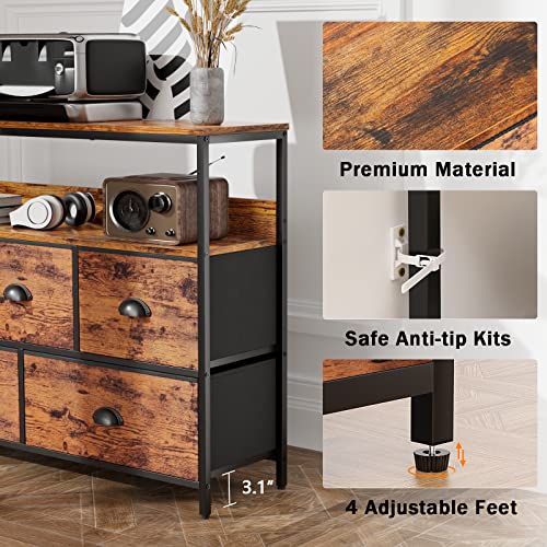 Furologee Console Sofa Table, TV Stand Console Table with Shelves, Dresser with 5 Fabric Drawers Closet Storage Organizer for Bedroom/Living Room/Entryway/Hallway, Rustic Brown