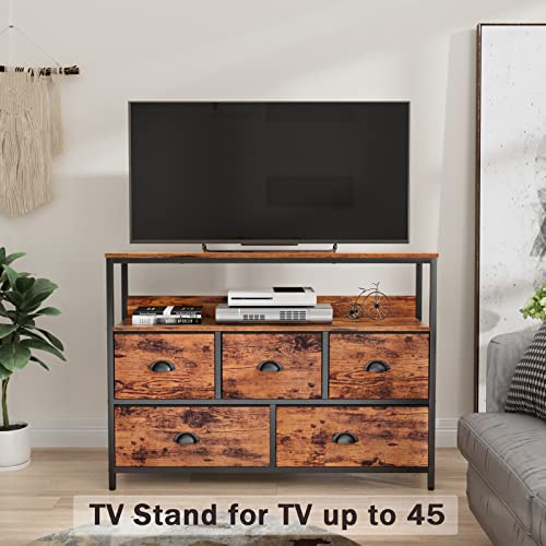 Furologee Console Sofa Table, TV Stand Console Table with Shelves, Dresser with 5 Fabric Drawers Closet Storage Organizer for Bedroom/Living Room/Entryway/Hallway, Rustic Brown