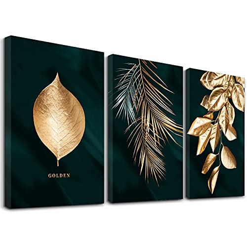 Sdmikeflax 3 Piece Modern Gold Botanical Wall Art for Bathrooms Living Room Bedroom Wall Decor Green Plant Canvas Printed Pictures, Multi Panel Framed Nature Artwork Ready to Hang, 12" x 16" x 3…